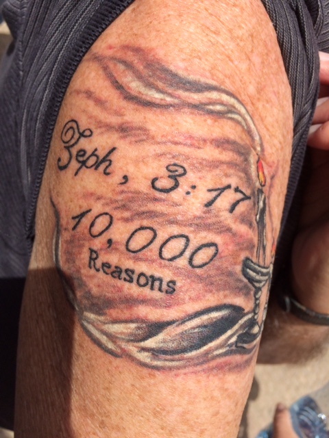 I don't recommend tattoos, but if you must, do as Allyn, one of our tour group members, did in the old city of Jerusalem this past Tuesday. Zephaniah 3:17 says, "The Lord your God in your midst, The Mighty One, will save; He will rejoice over you with gladness, He will quiet you with His love, He will rejoice over you with singing." The theme "10,000 Reasons" is our Crossroads slogan during this year for celebrating the upcoming telecast #10,000 of 100 Huntley Street.